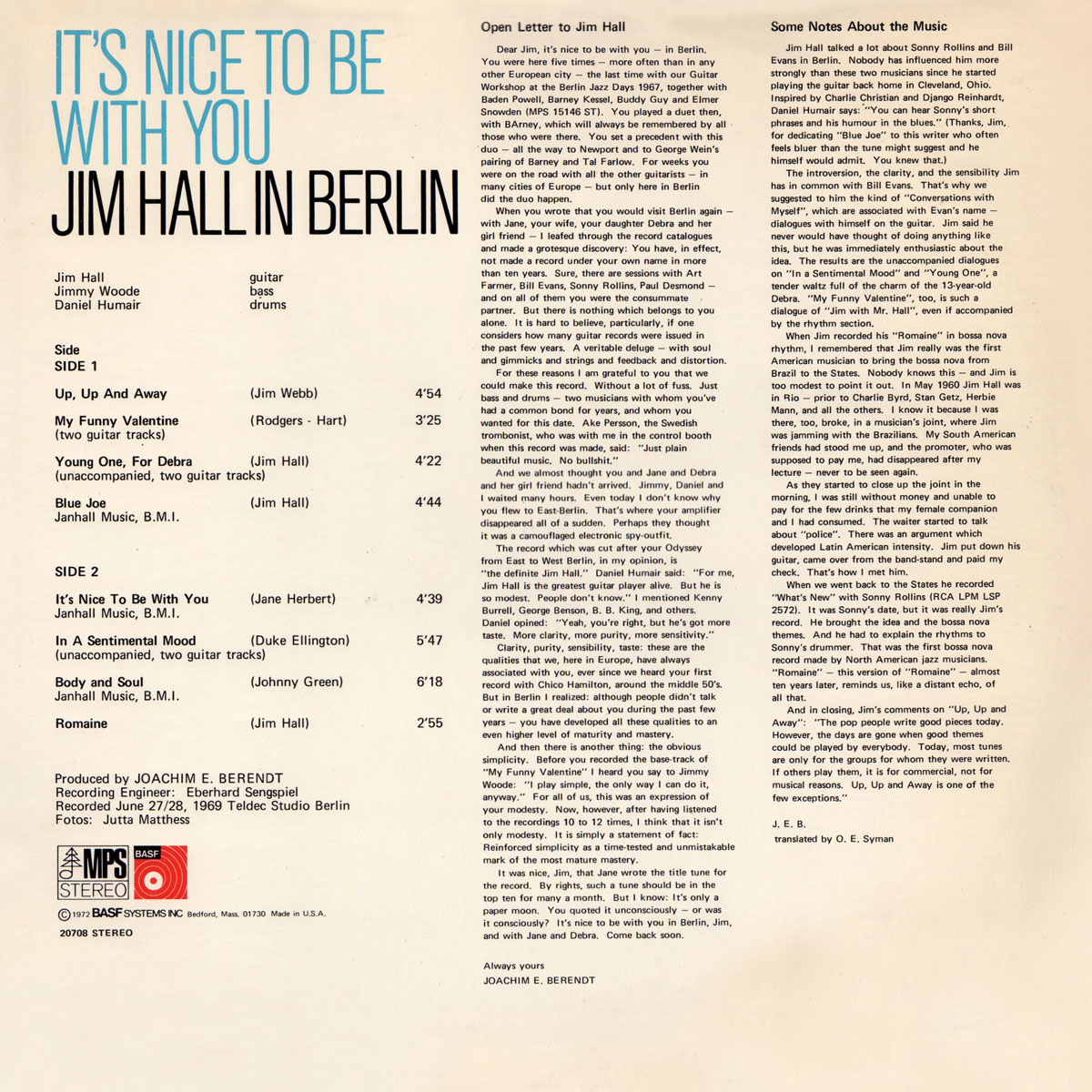 Jim Hall - It's Nice To Be With You- Jim Hall In Berlin - Back cover